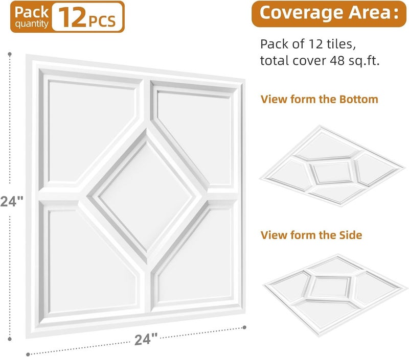 WOWSTAR 12-Pack 24"x24" Drop Ceiling Tiles, 3D Decorative Glue Up Ceiling Tiles, White - Image 5